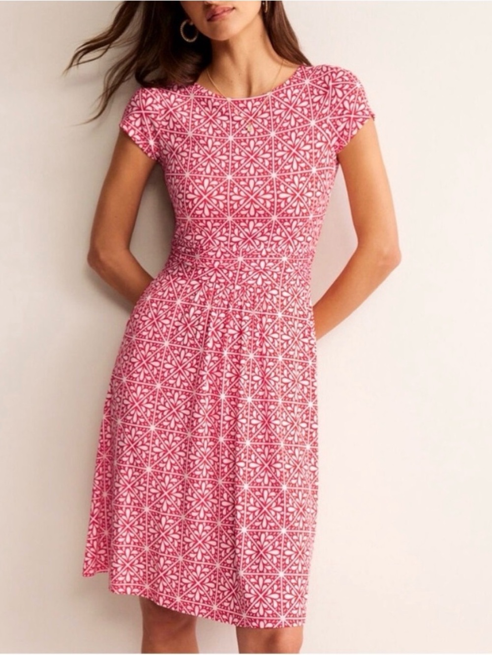Boden Amelie Red and White Geometric Midi Dress